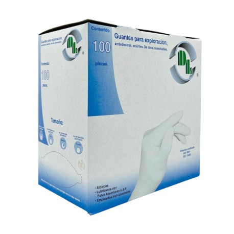 Guantes de látex para exploración, ambidiestro estériles, mediano. Caja con 100 piezas.