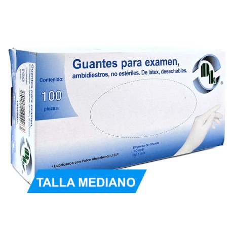 Guantes para exploración no estériles de látex Mediano. Caja con 200 piezas.