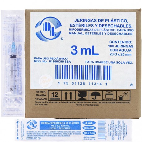 Jeringas de plástico 3 ml sin aguja. Caja con 100 piezas.
