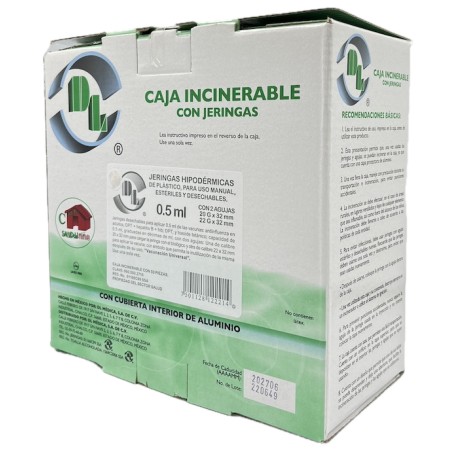 Jeringa desechable para aplicar 0.5 ml. de vacuna anti-influenza. Caja incinerable con 50 piezas. Caja con 50 Piezas.