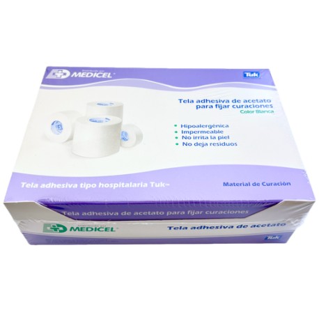 Telas adhesivas de acetato medidas 1.25 cm x 10 mts. caja con 24 piezas.