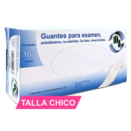 Guantes de látex no estériles para exámen médico. Tamaño Chico. Caja con 100 piezas.
