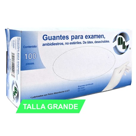 Guantes de látex no estériles para exámen médico. Tamaño Grande. Caja con 100 piezas.